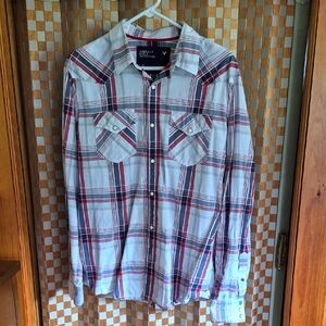 American Eagle Outfitters Red and Gray Plaid Shirt Size L